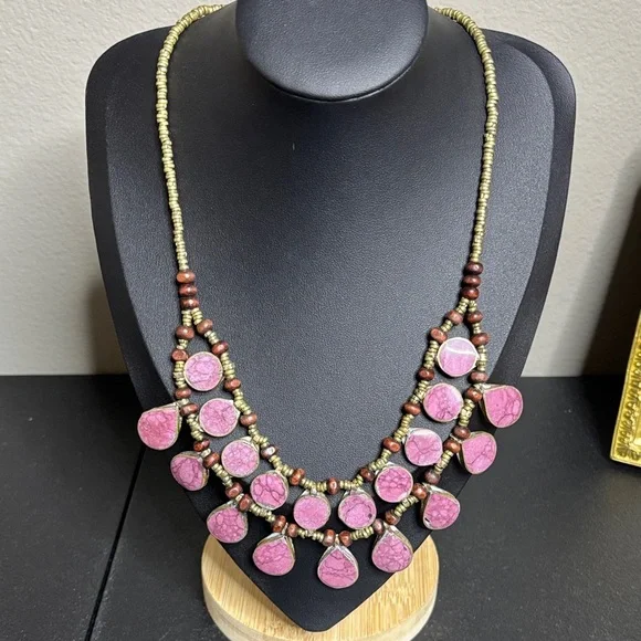 Vintage Stone Bib Brass Handcrafted Necklace Egyptian - Picture 1 of 9